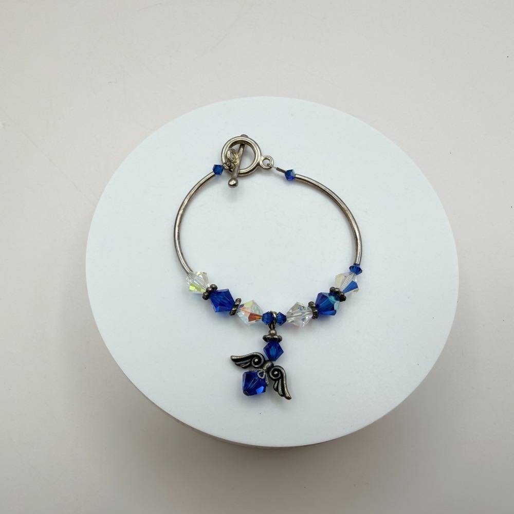 Vintage 80s Silver Tone Beaded Bracelet Sapphire Blue Charm Jewelry